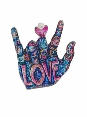 Colorful Hand-Painted Retro Style Enamel & Acrylic “Love” Hand Brooch NWOT